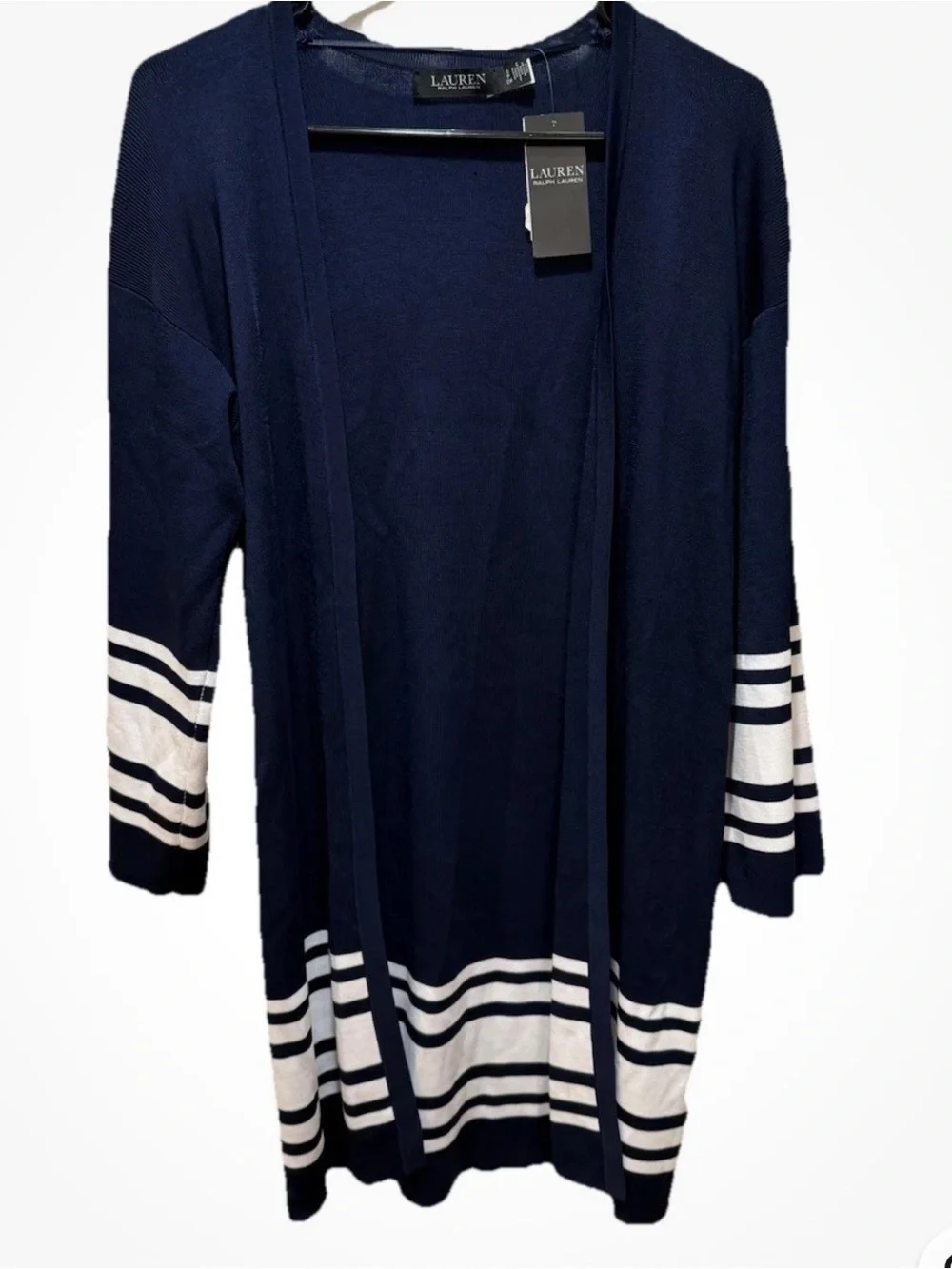 Lauren Ralph Lauren Open Cardigan Long SM Navy White Stripe Solid NWT MSRP $225 - Picture 2 of 15
